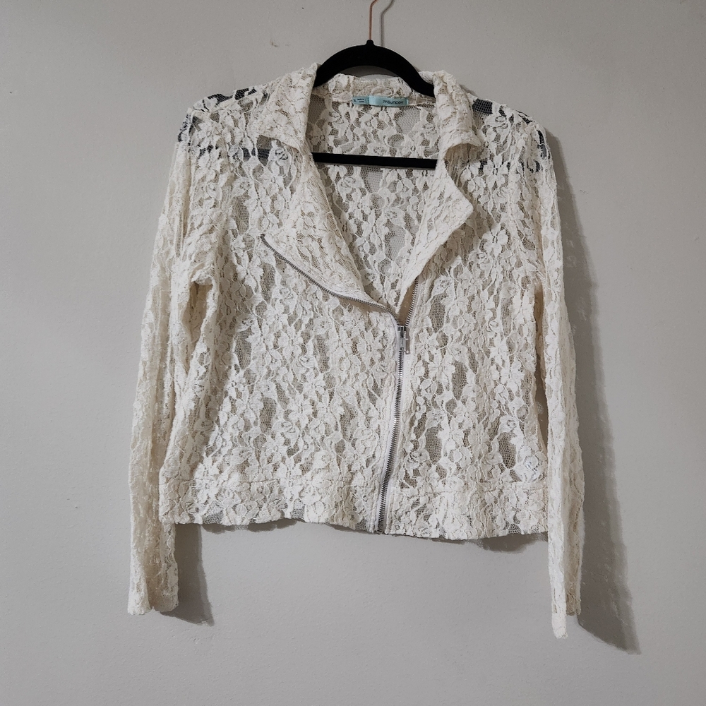 Maurices cream Lace Zip-Up moto blazer size XL semi sheer